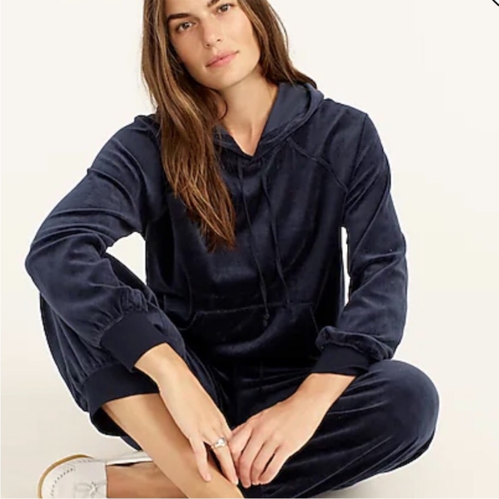 J.Crew Soft Velour Relaxed Pullover Hoodie Women’s Size Medium Navy Blue Pocket